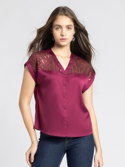 SHAYE - V-Neck Wine Embellished Sleeves Party Top