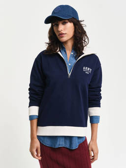 GANT - Women Blue Solid Spread Collar Full Sleeves Sweatshirt
