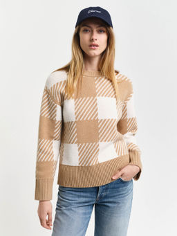 GANT - Women Beige Checked Round Neck Full Sleeves Sweater