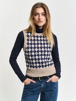 GANT - Women Beige Checked Round Neck Sleeveless Sweater Vest