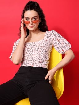 PURVAJA - Floral Print Beige Top