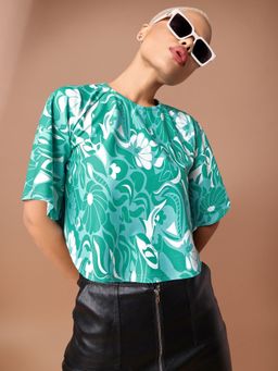 PURVAJA - Floral Print Green Circle Top