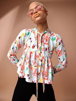 PURVAJA - Floral Print Multi-Color Peplum Top
