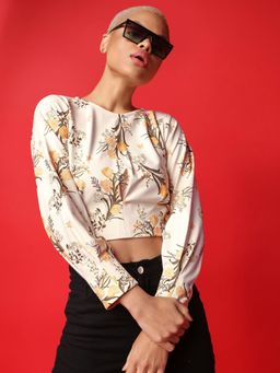 PURVAJA - Floral Print Beige Crop Top