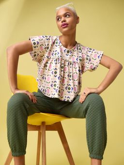 PURVAJA - Floral Print Cream Oversized Top