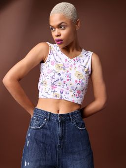 PURVAJA - Floral Print White Tie-Up Crop Top