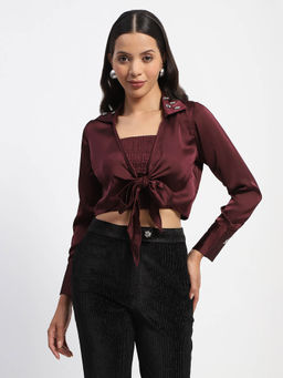 Madame - Embellished Collar Front Knot Maroon Crop Shirt & Inner (Set of 2)