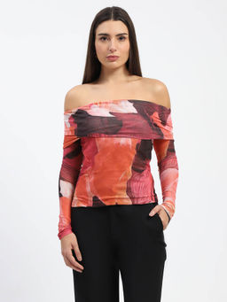Madame - Off Shoulder Semi Sheer Floral Print Multi-Color Top
