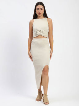 Madame - Twisted Detailing Shimmery Beige Crop Top & Skirt (Set of 2)