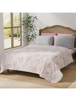 Layers - Pristine 100% Cotton 180 TC Pink & Grey Floral King Bedsheet with 2 Pillow Covers