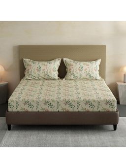Layers - Lumina Floret 100% Cotton 144 TC Cream & Green Floral King Bedsheet with 2 Pillow Covers