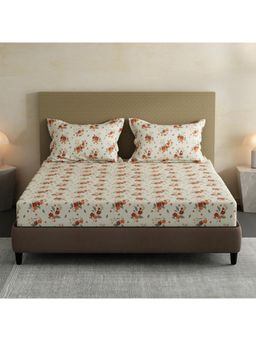 Layers - Lumina Floret 100% Cotton 144 TC White & Red Floral King Bedsheet with 2 Pillow Covers