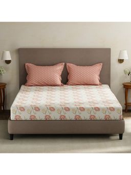 Layers - Forever 100% Cotton 120 TC White & Pink Floral King Bedsheet with 2 Pillow Covers