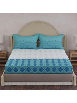 Layers - Forever 100% Cotton 120 TC Blue & White Ethnic King Bedsheet with 2 Pillow Covers