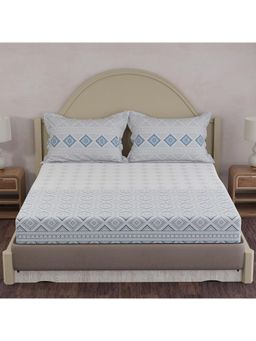 Layers - Forever 100% Cotton 120 TC Blue & White Ethnic King Bedsheet with 2 Pillow Covers