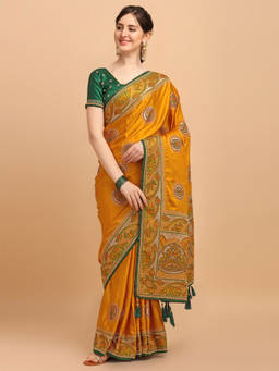 Amrutam Fab - Womens Embroidered Silk Yellow Saree With Unstitched Blouse Piece