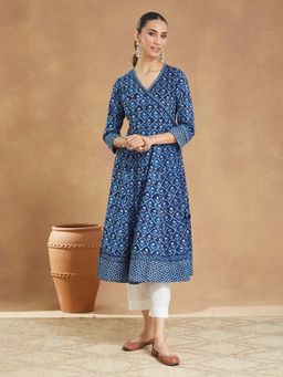 Fabindia - Indigo Cotton Dabu Printed Slim Fit Long Kurta