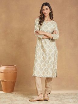 Fabindia - Natural Cotton Silk Hand Block Printed Beige Long Kurta