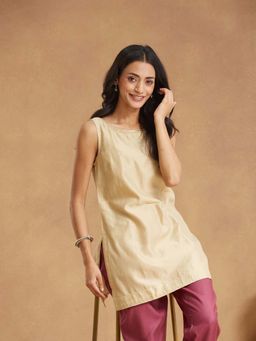 Fabindia - Beige Cotton Silk Embroidery Slim Fit Kurti
