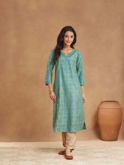 Fabindia - Green Viscose Silk Printed Long Kurta