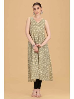 Cotton Culture - Cream Cotton A Line Printed Sleeveless Kurta