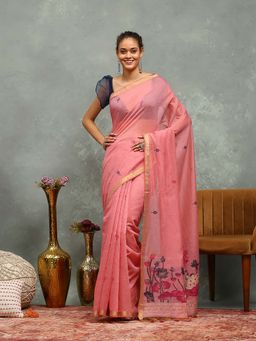 MEENA BAZAAR - Floral Woven Pink Saree without Blouse