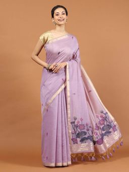 MEENA BAZAAR - Floral Woven Mauve Saree without Blouse
