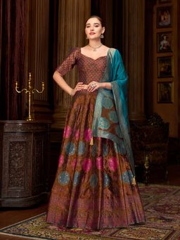 PURVAJA - Brown Embellished Kanjivaram Stitched Lehenga with Unstitched Choli and Dupatta