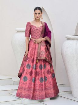 PURVAJA - Pink Embellished Kanjivaram Stitched Lehenga with Unstitched Choli and Dupatta
