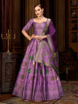 PURVAJA - Purple Embellished Kanjivaram Stitched Lehenga with Unstitched Choli and Dupatta