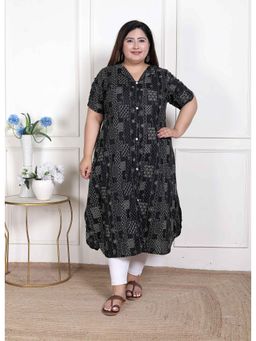 Doriyaan - WOMENS Plus Size Pure Cotton Black Print Front Button A-Line Kurta