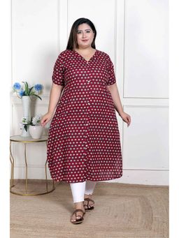 Doriyaan - WOMENS Plus Size Relaxed Fit Red Floral Printed A-Line Pure Cotton Kurta