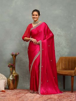 MEENA BAZAAR - Embroidered Pink Saree without Blouse