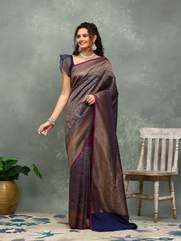 MEENA BAZAAR - Floral Woven Blue Saree without Blouse
