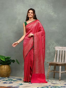 MEENA BAZAAR - Floral Woven Pink Saree without Blouse