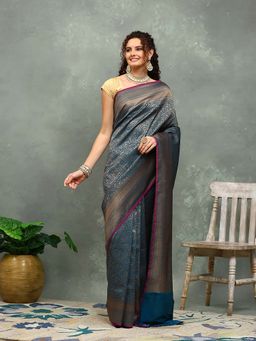 MEENA BAZAAR - Floral Woven Blue Saree without Blouse