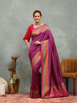 MEENA BAZAAR - Floral Woven Purple Saree without Blouse