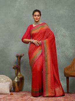MEENA BAZAAR - Floral Woven Red Saree without Blouse