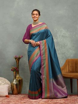 MEENA BAZAAR - Floral Woven Blue Saree without Blouse