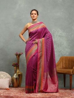 MEENA BAZAAR - Stripes Woven Purple Saree without Blouse