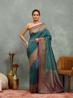 MEENA BAZAAR - Stripes Woven Green Saree without Blouse