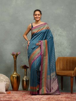 MEENA BAZAAR - Stripes Woven Blue Saree without Blouse