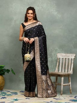 MEENA BAZAAR - Floral Woven Black Saree without Blouse