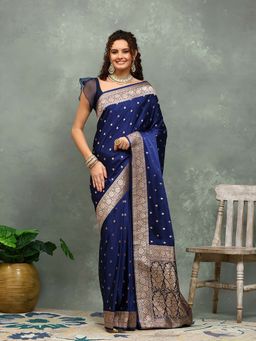 MEENA BAZAAR - Floral Woven Blue Saree without Blouse