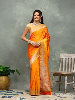 MEENA BAZAAR - Floral Woven Mustard Saree without Blouse