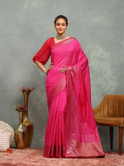 MEENA BAZAAR - Stripes Woven Pink Saree without Blouse