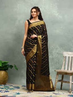 MEENA BAZAAR - Floral Woven Black Saree without Blouse