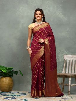 MEENA BAZAAR - Floral Woven Wine Saree without Blouse