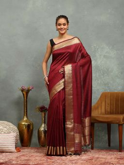 MEENA BAZAAR - Woven Wine Saree without Blouse
