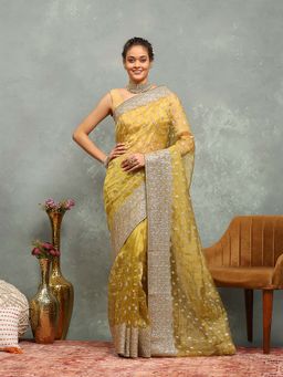 MEENA BAZAAR - Embroidered Gold Saree without Blouse